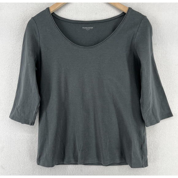 EILEEN FISHER Top S Cotton Interlock Jersey Scoop Neck 3/4 Sleeve Gray - Picture 1 of 13